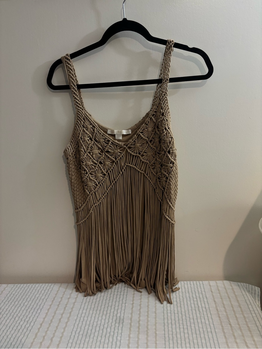 Boston Proper Taupe Crochet Fringe Tank Top